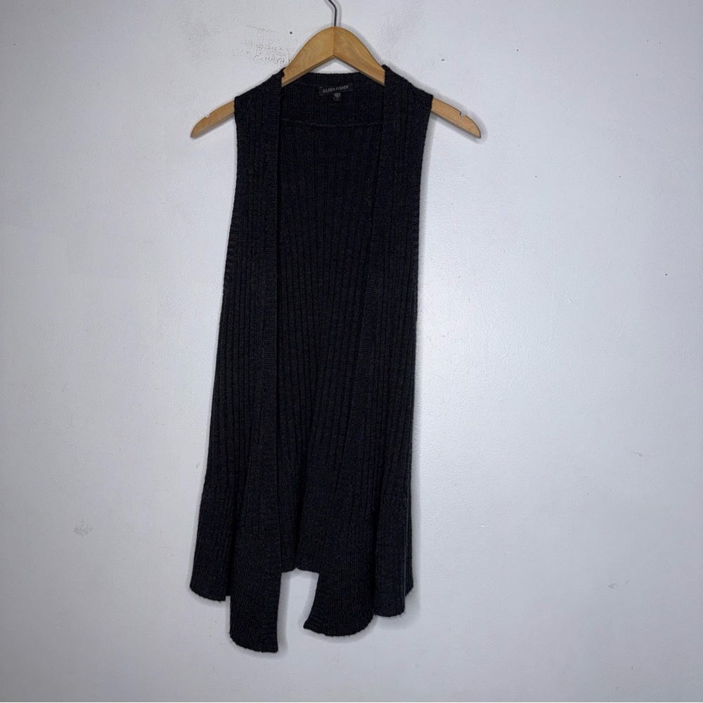 Eileen Fisher Ribbed Grey‎ Merino Wool Sleeveless Open Cardigan Vest Large